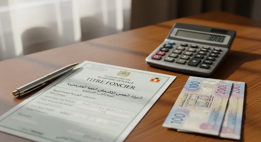 Documents de titre foncier marocain avec calculatrice et dirhams illustrant les frais de mise à jour