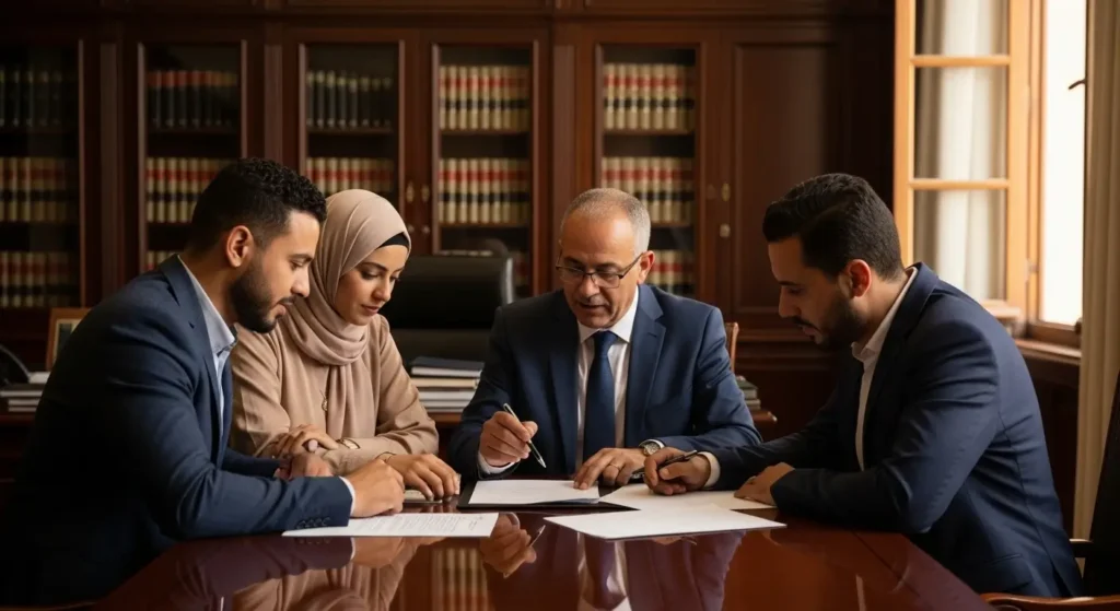 Famille marocaine et notaire discutant du partage de titre foncier en indivision lors d un héritage