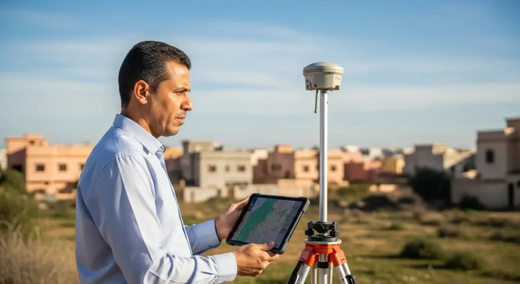 Géomètre-expert marocain indépendant effectuant un levé de terrain avec tablette numérique et GPS
