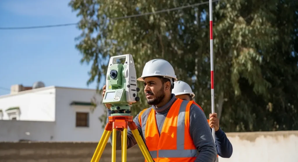 Géomètre topographe agréé effectuant un levé topographique sur un terrain résidentiel au Maroc