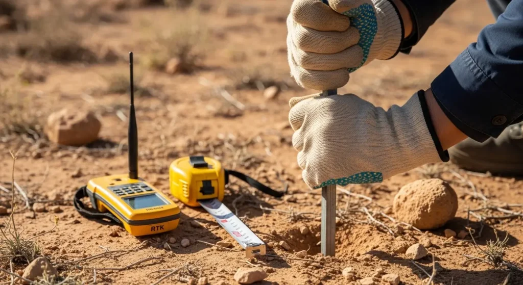 Pose d une borne de bornage sur un terrain à Marrakech par un topographe agréé