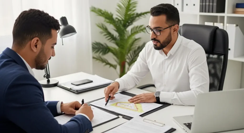 Réunion entre un topographe agréé et un client pour discuter d'un devis à Marrakech