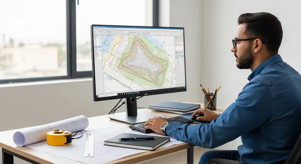 Topographe travaillant sur les plans d un levé topographique dans son bureau à Marrakech