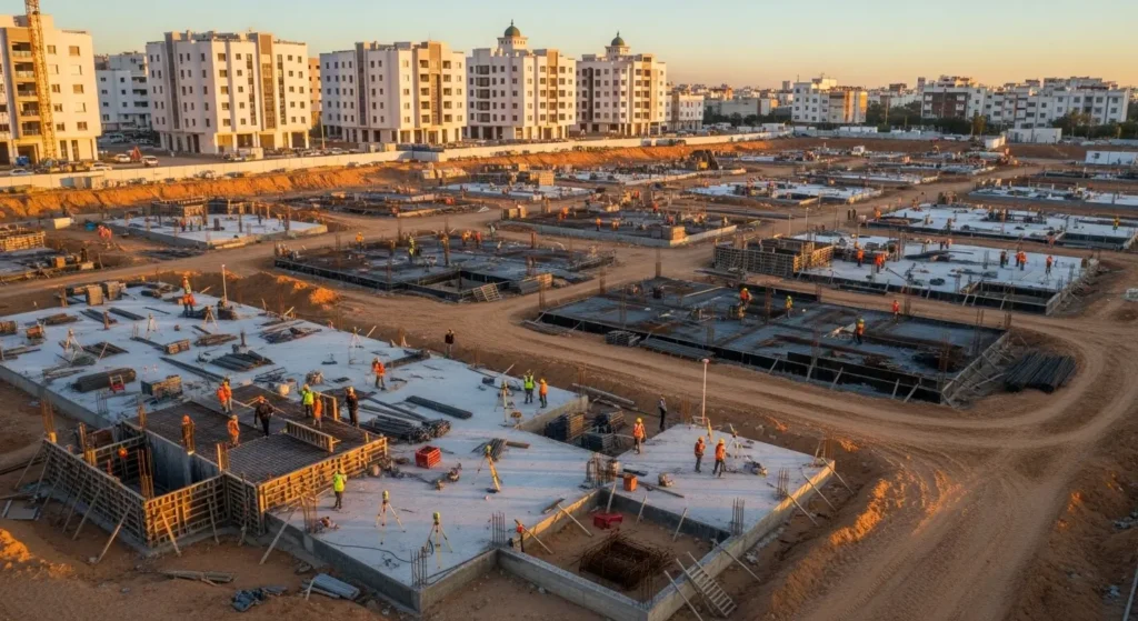 Vue aérienne d'un chantier de construction au Maroc illustrant l activité topographique en milieu urbain